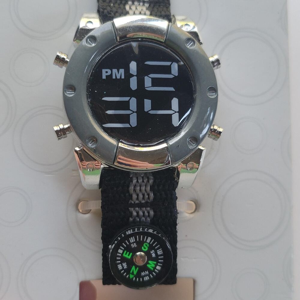 Wonder Nation Boys Digital LED Watch Black Dial Silver Case Black Nylon Compass